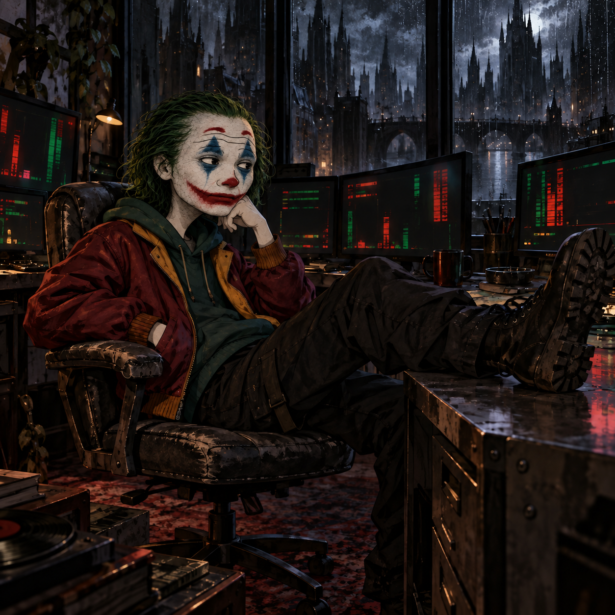 Wojaker watching market screens above a rain-soaked city