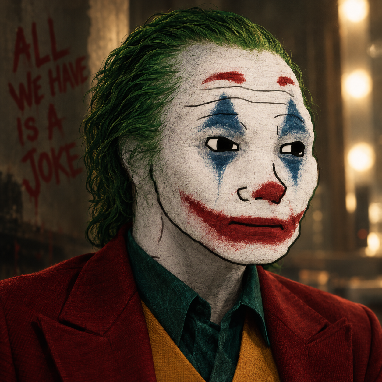 Wojaker in red suit and theatrical face paint